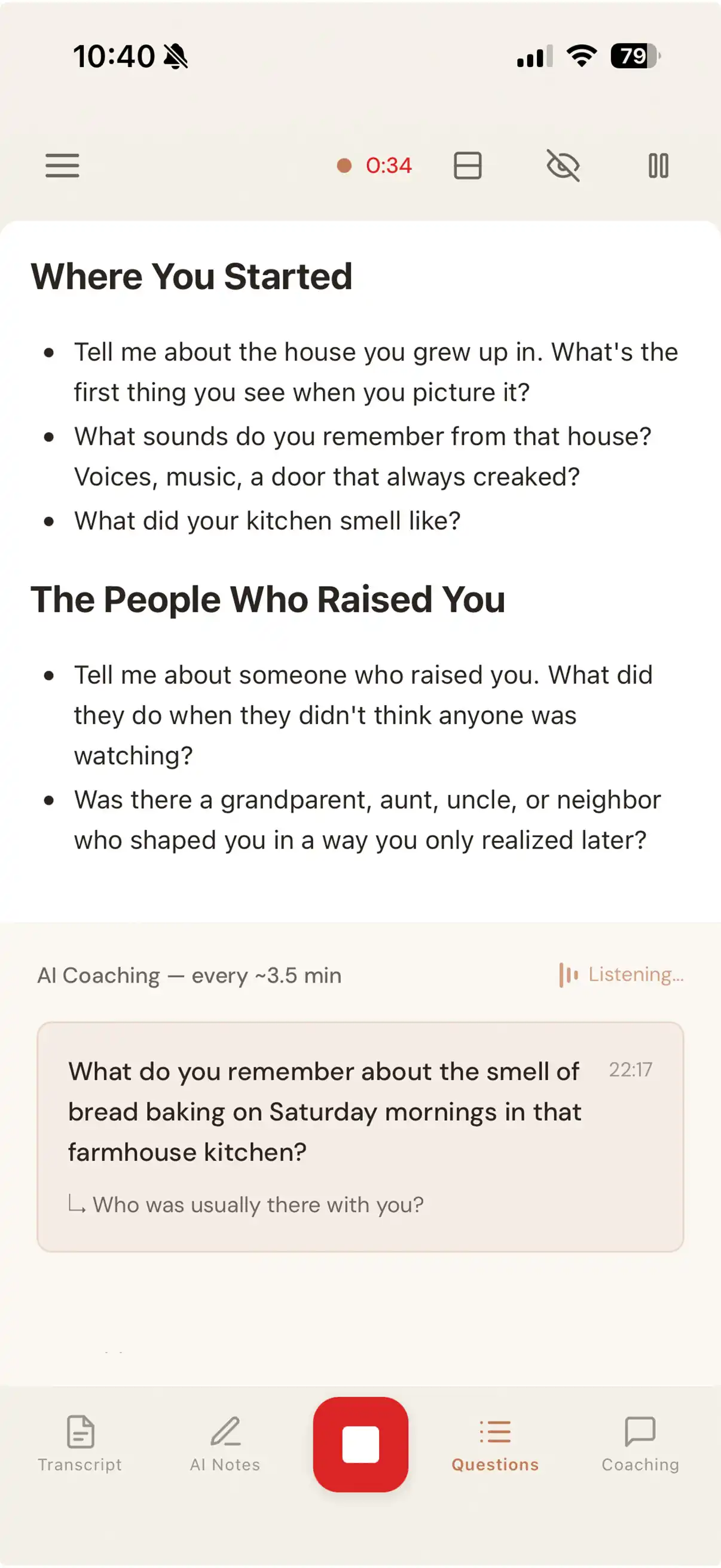 StorySeeker on a phone, showing the live interview questions with the AI Coaching panel suggesting a gentle follow-up question.