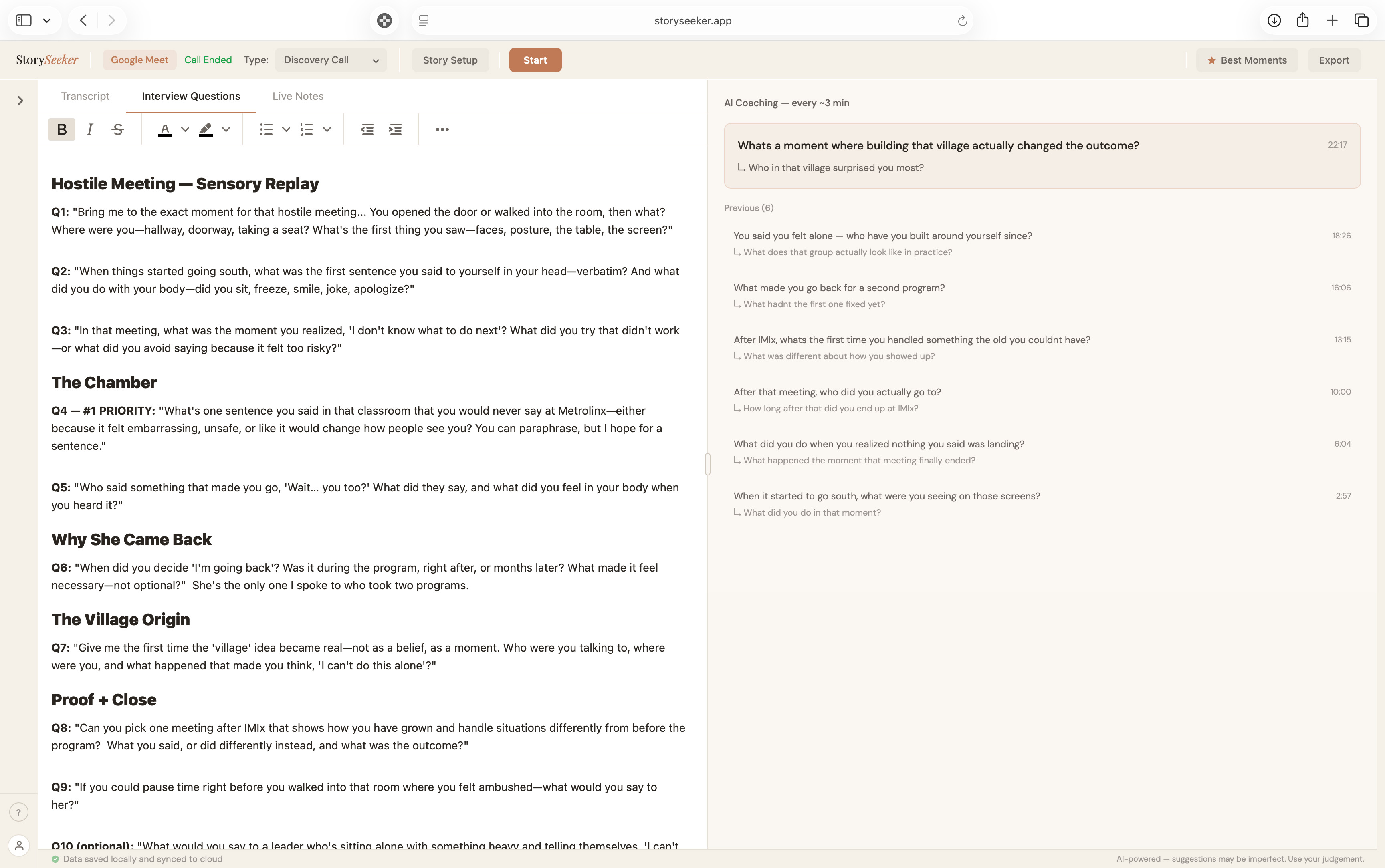 StorySeeker interview studio showing prepared questions organized by topic on the left, with real-time AI coaching suggestions on the right