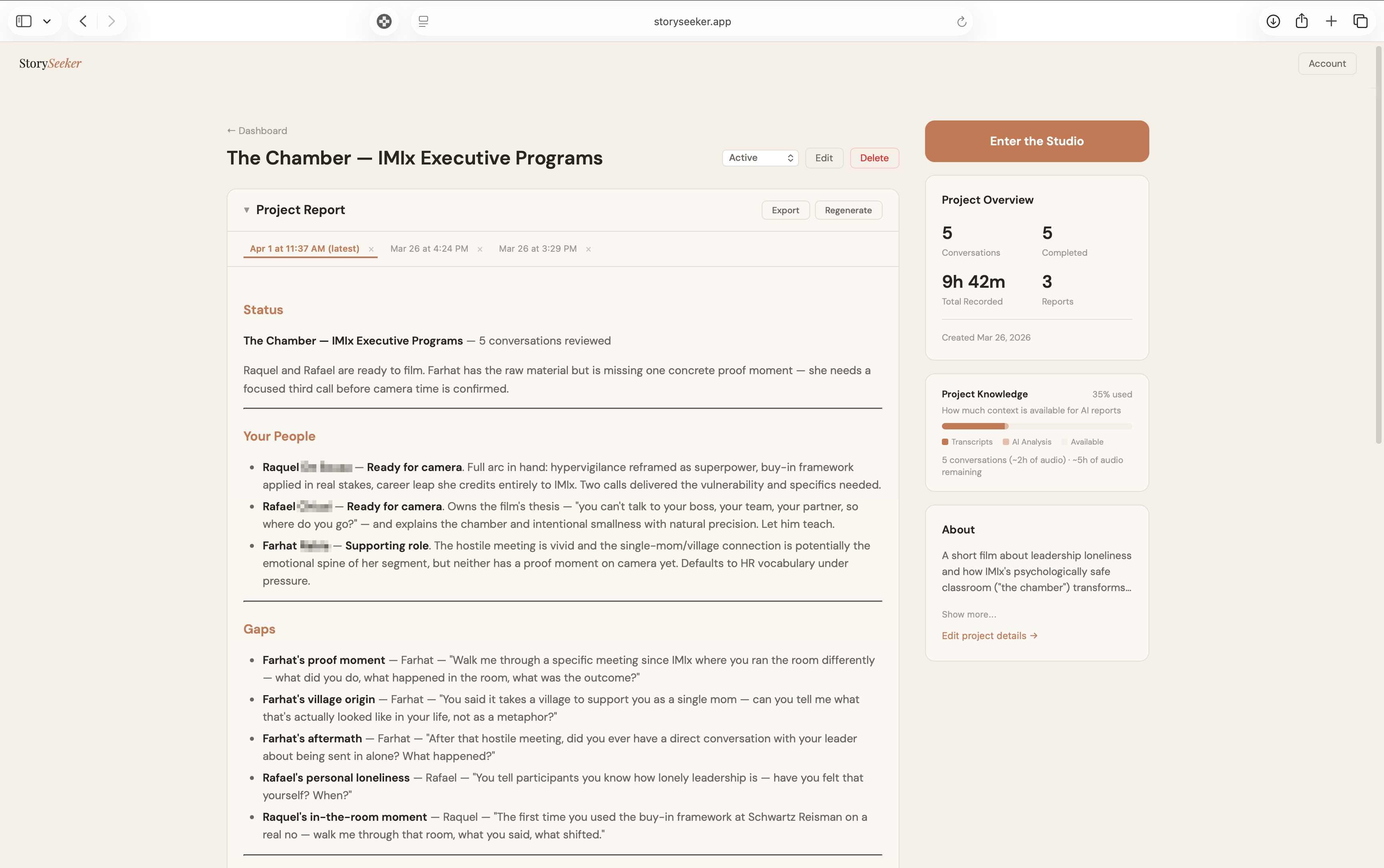 StorySeeker project report showing subject readiness status, story gaps with suggested follow-up questions, and recommended next steps for the production