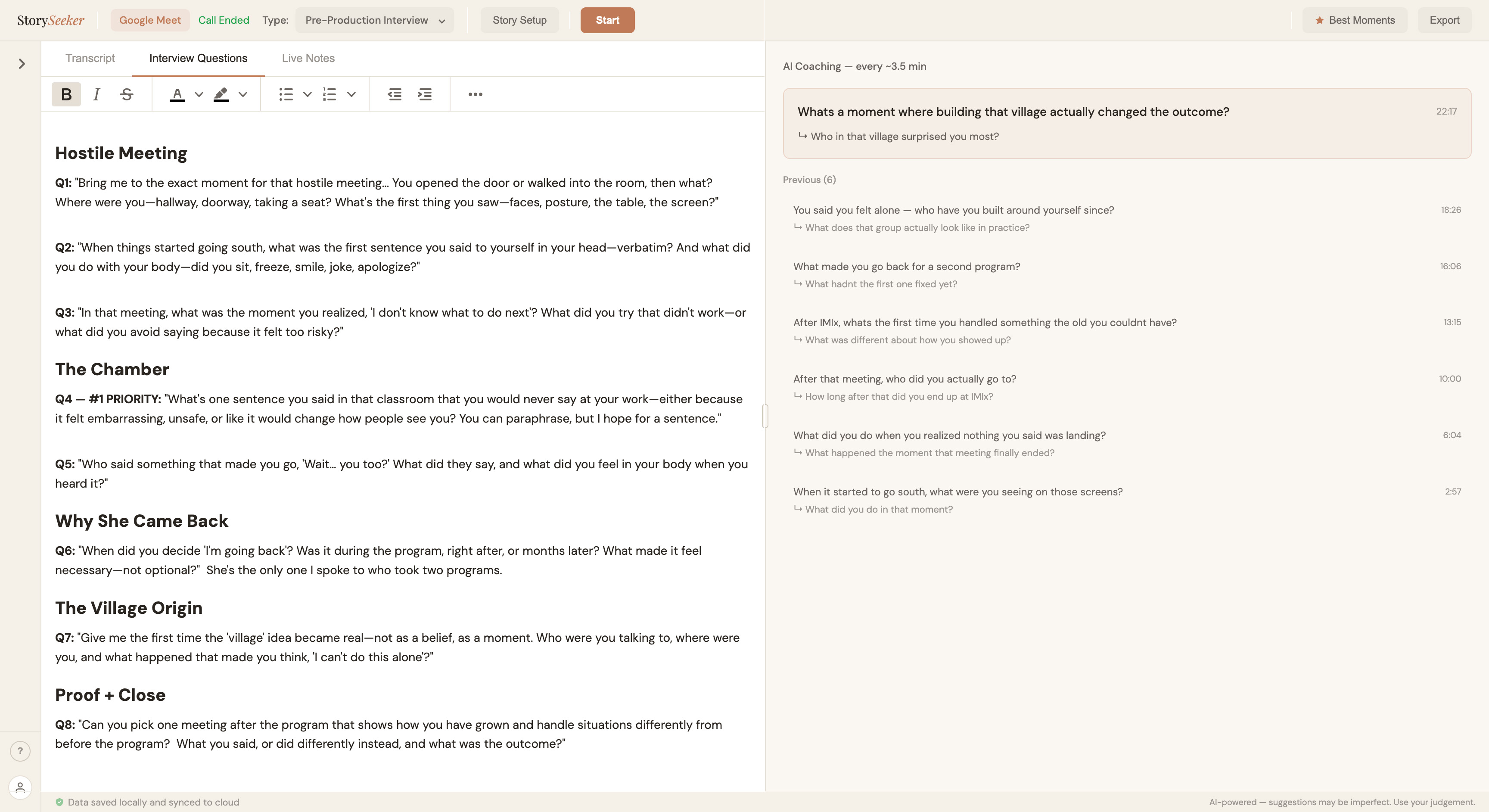 StorySeeker live coaching column showing a sequence of six AI-suggested follow-up questions from a documentary discovery call