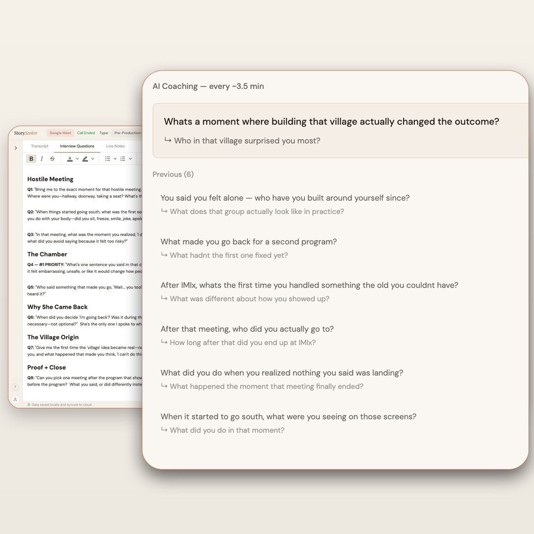 Close-up of a single AI coaching suggestion card reading 'You said you felt alone, who have you built around yourself since?' with timestamp 18:26
