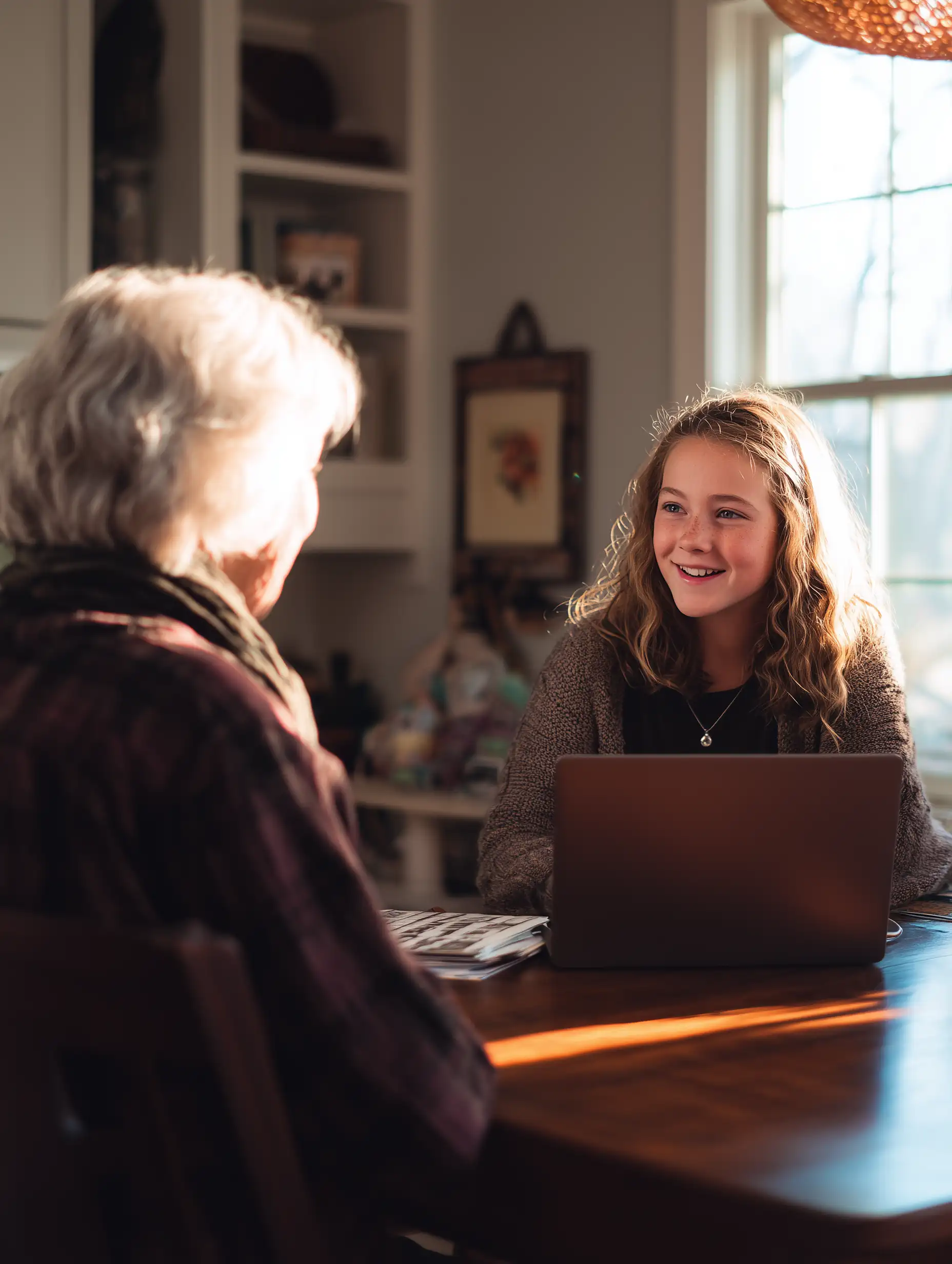A young granddaughter smiling across a kitchen table at her grandmother during a recorded interview.