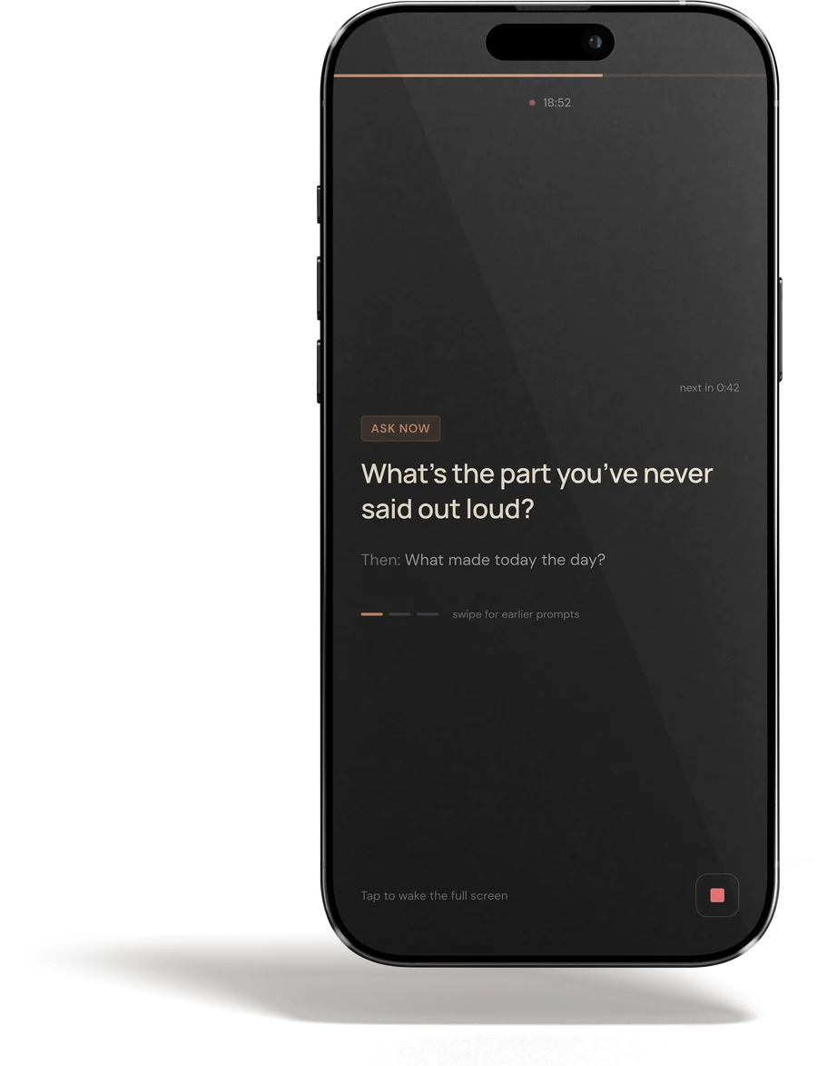 A phone showing one coaching question: what’s the part you’ve never said out loud?