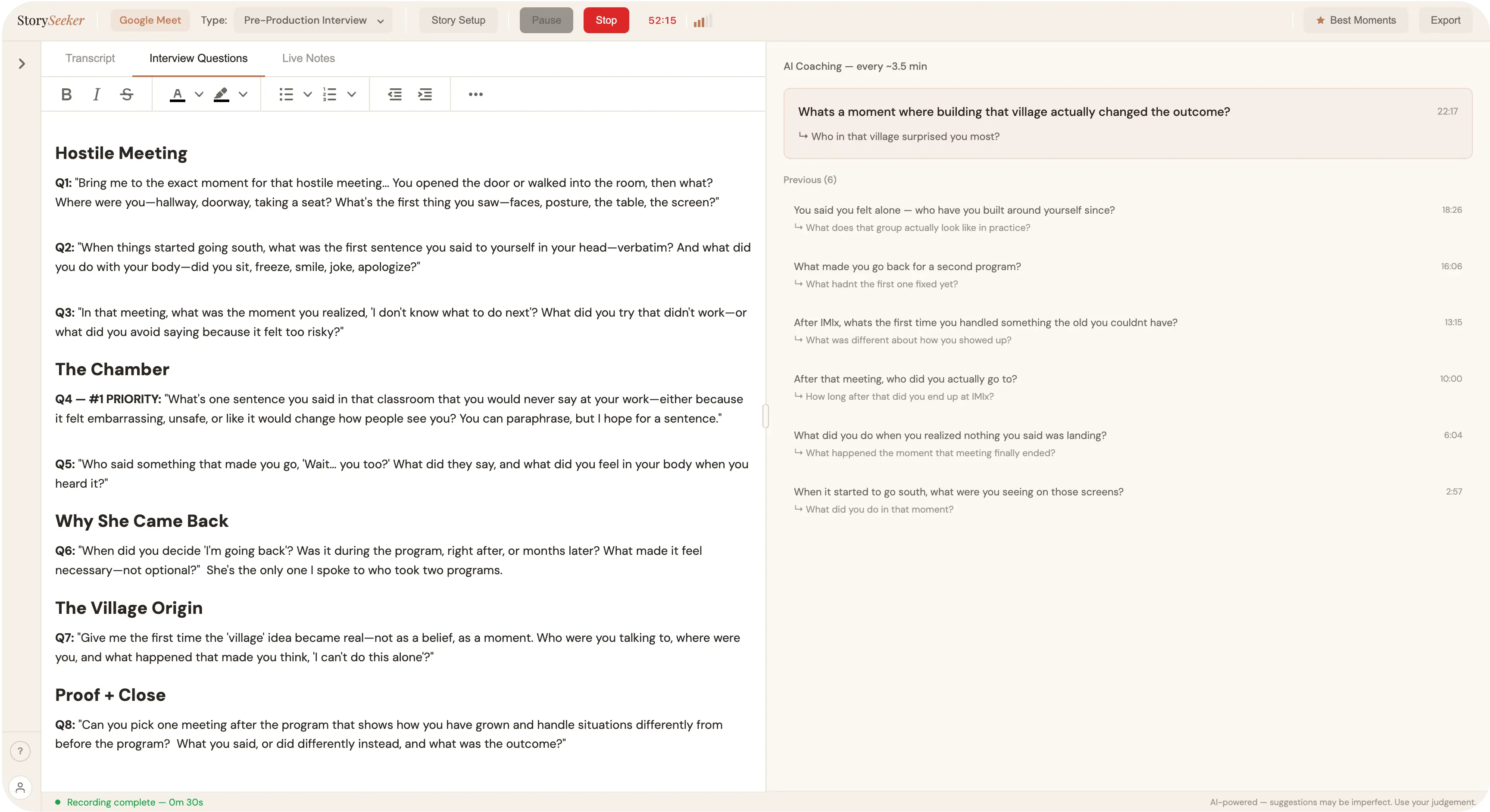 StorySeeker interview screen with your planned questions on the left and live AI coaching suggestions on the right.