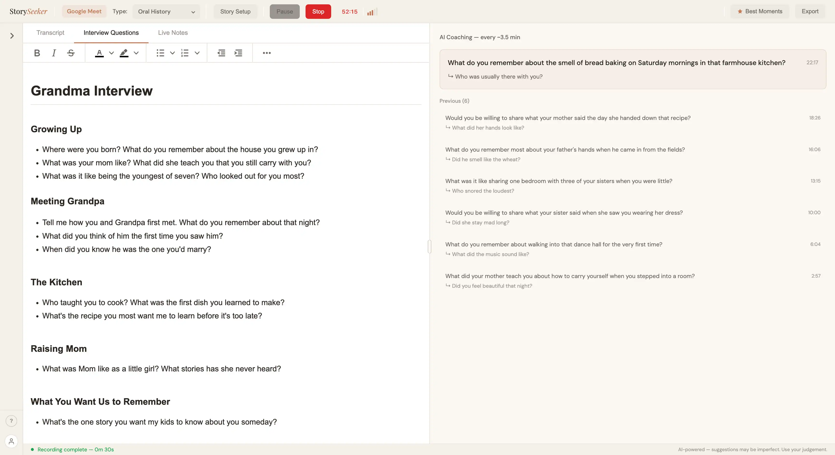 StorySeeker interview screen during a conversation with grandma, showing the questions you prepared on the left and gentle AI-suggested follow-ups on the right.