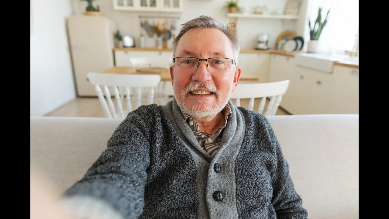 Grandpa Leo on camera at his kitchen table, joined from the tablet in front of him.